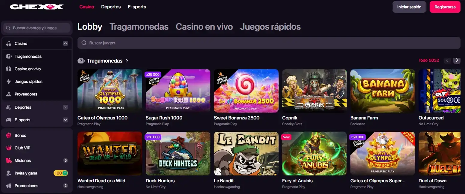 Lobby oficial de juegos de CHEXX con categorías y proveedores