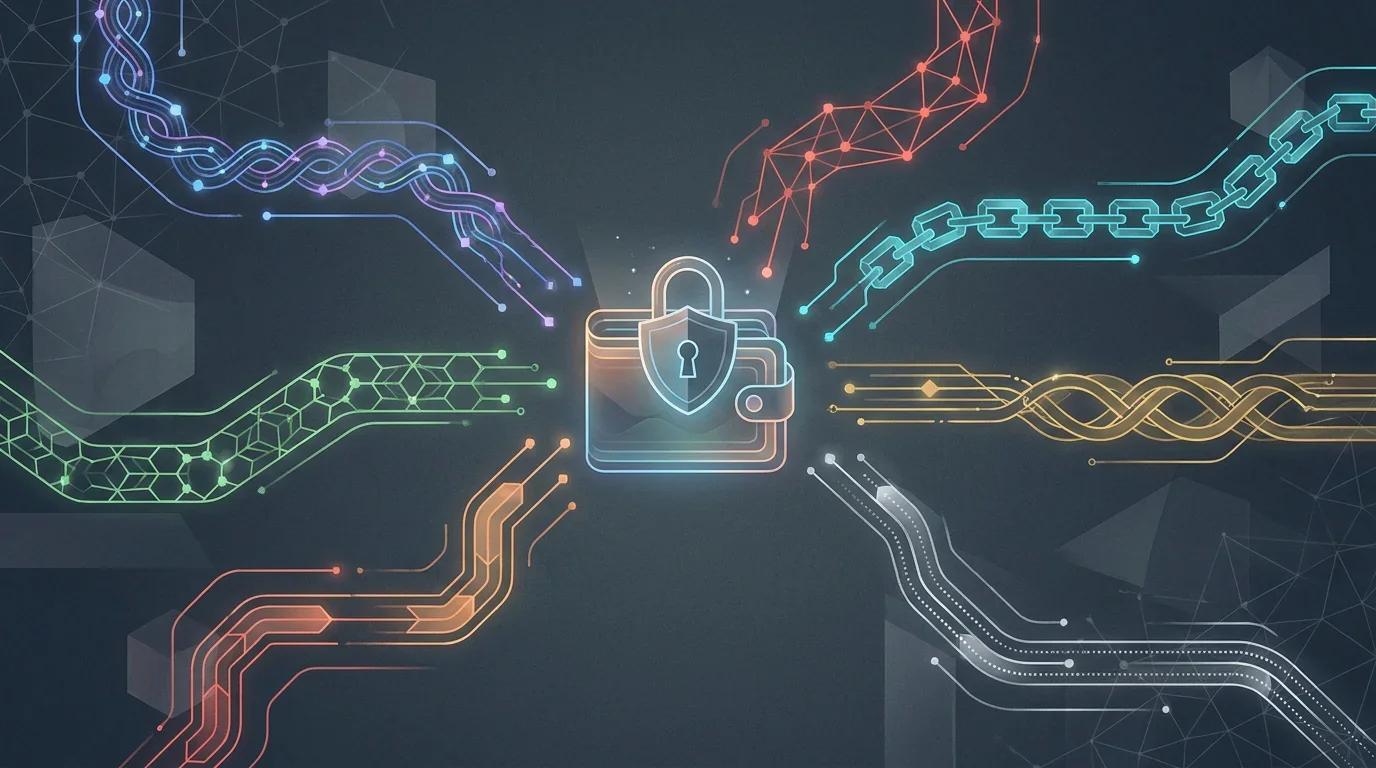 Ilustración editorial de varias redes blockchain convergiendo en un flujo de depósito de criptomonedas