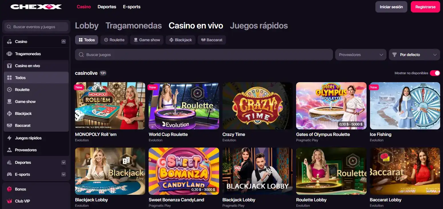 Sección Live Casino de CHEXX