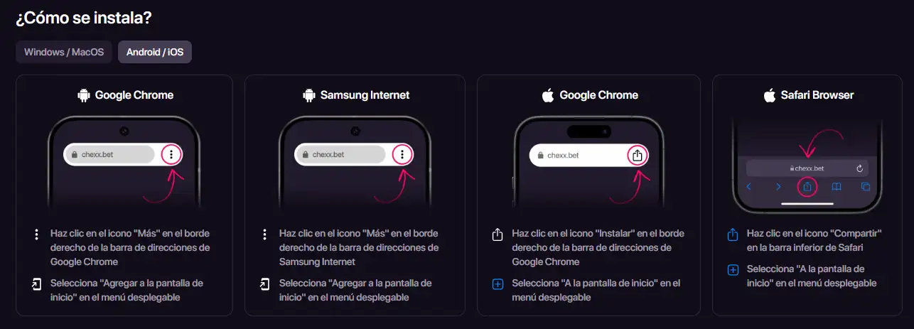 Página oficial de instalación de la PWA de CHEXX