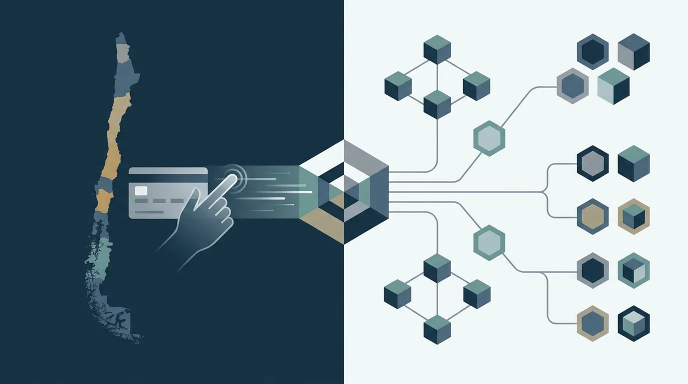 Ilustración editorial sobre la diferencia entre pagos cotidianos en Chile y un flujo de criptomonedas