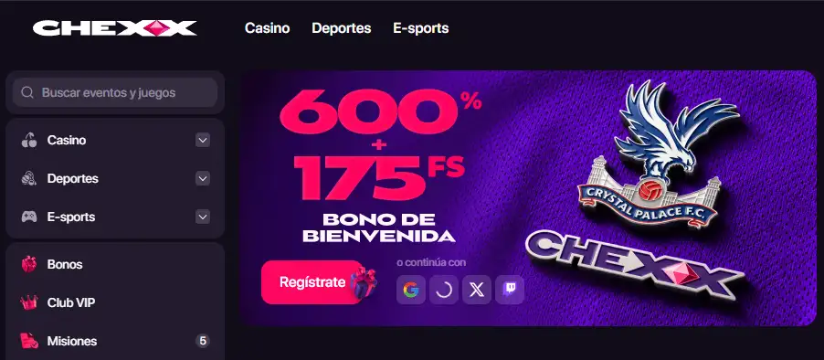 Panel oficial del bono de bienvenida de CHEXX