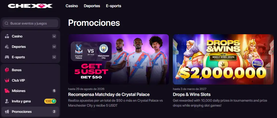 Interfaz de la página principal de CHEXX que muestra su presentación de casino y apuestas deportivas