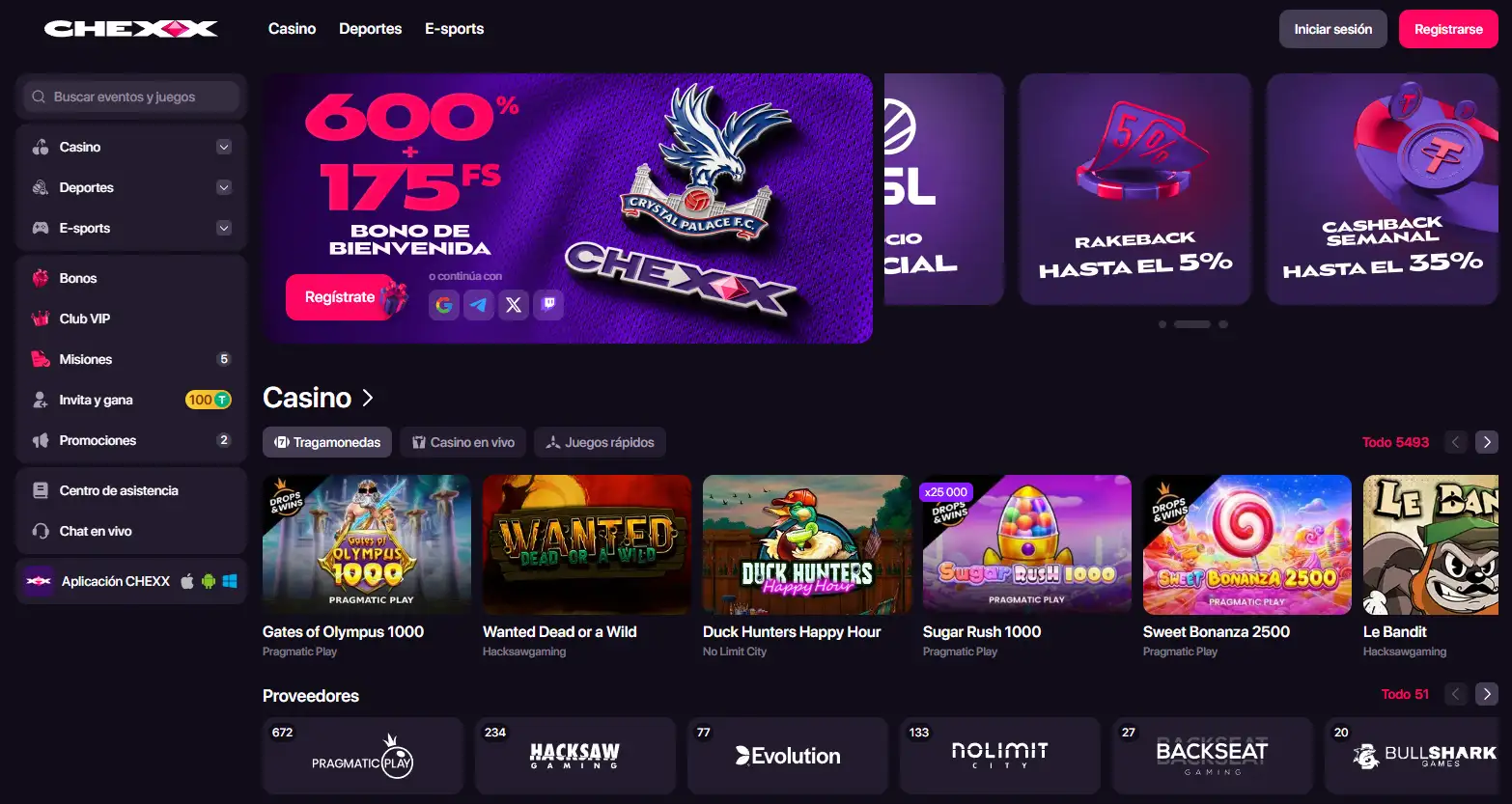 Interfaz oficial de CHEXX con accesos a casino y apuestas deportivas