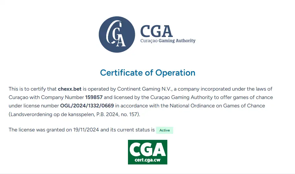 Certificado de operación de chexx.bet en la Curaçao Gaming Authority